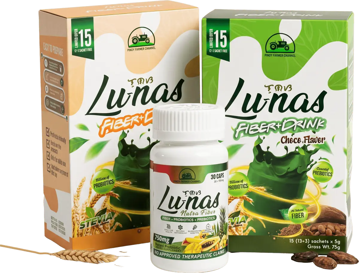 Lunas Fiber+ Drink boxes in chocolate and melon with a bottle of Lunas Nutra Fiber capsules